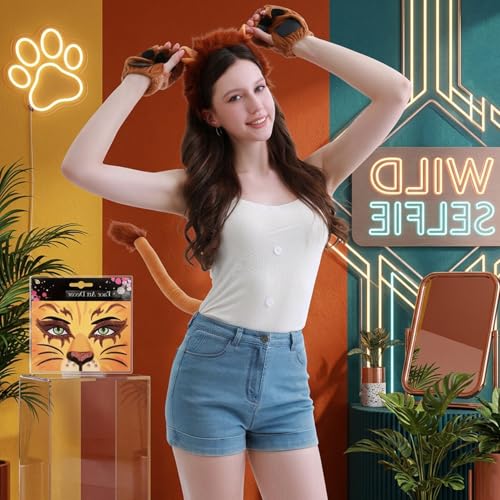 Rotamora 5Pcs Animal Lion Costume Set and Face Stickers, Plush Ears Headband Paw Gloves and Tail Cosplay Adult Dress Up Accessories for Birthday Theme Halloween Party Dress Up for Women - image 7