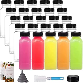 Jucoan 25 Pack 8 Oz Plastic Juice Bottles with Black Cap, Disposable Juice Drink Containers with Lids, Clear Reusable Bottles for Making Juice, Milk, Salad Dressing, Smoothie and Other Beverages