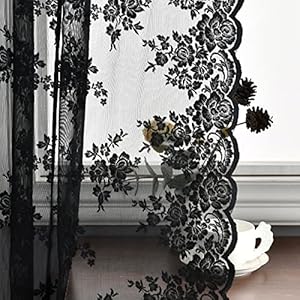 Kotile Black Lace Curtains 54 Inch Length – Country Rustic Vintage Lace Curtains 2 Panels Set for Windows, Privacy Gothic Floral Sheer Lace Curtains, 52 x 54 Inch, 1 Pair, Black