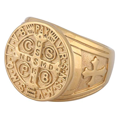Zovivi St Benedict Exorcism Gold Filled Stainless Steel Ring Demon Protection Ghost Hunter CSBP