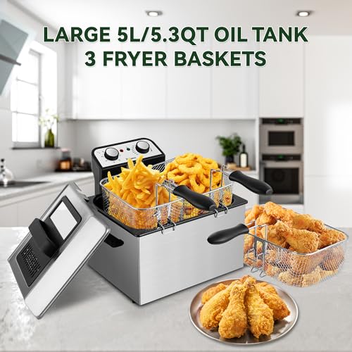 Image of SUSTEAS Deep Fryer, 3 Baskets Electric Oil Fryer with 4.5QT /5L,1800W Timer Control Adjustable Temperature, Lid with Viewing Window and Odor Free Filter, Stainless Steel, Perfect for Kitchen,Fry Fries