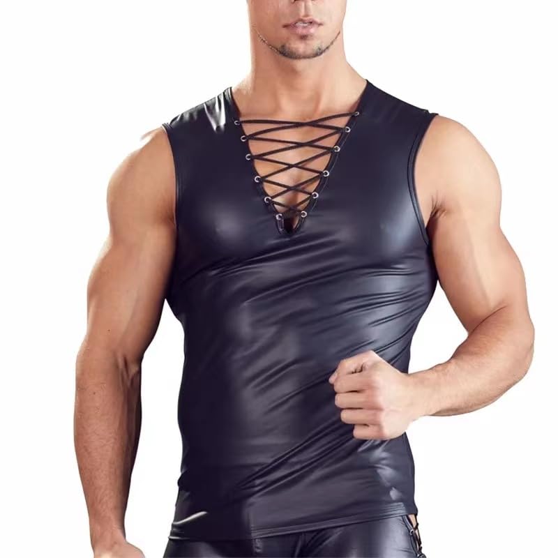 Herren Sexy T-Shirt Latex Shirts Herren Tops Herren Sexy Leder Weste Ärmellos Unterhemd Männer Muskelshirt Top V-Ausschnitt Unterhemden Kurzarm Latex T-Shirt Unterwäsche Lack Leder Erotik Shirts Tops