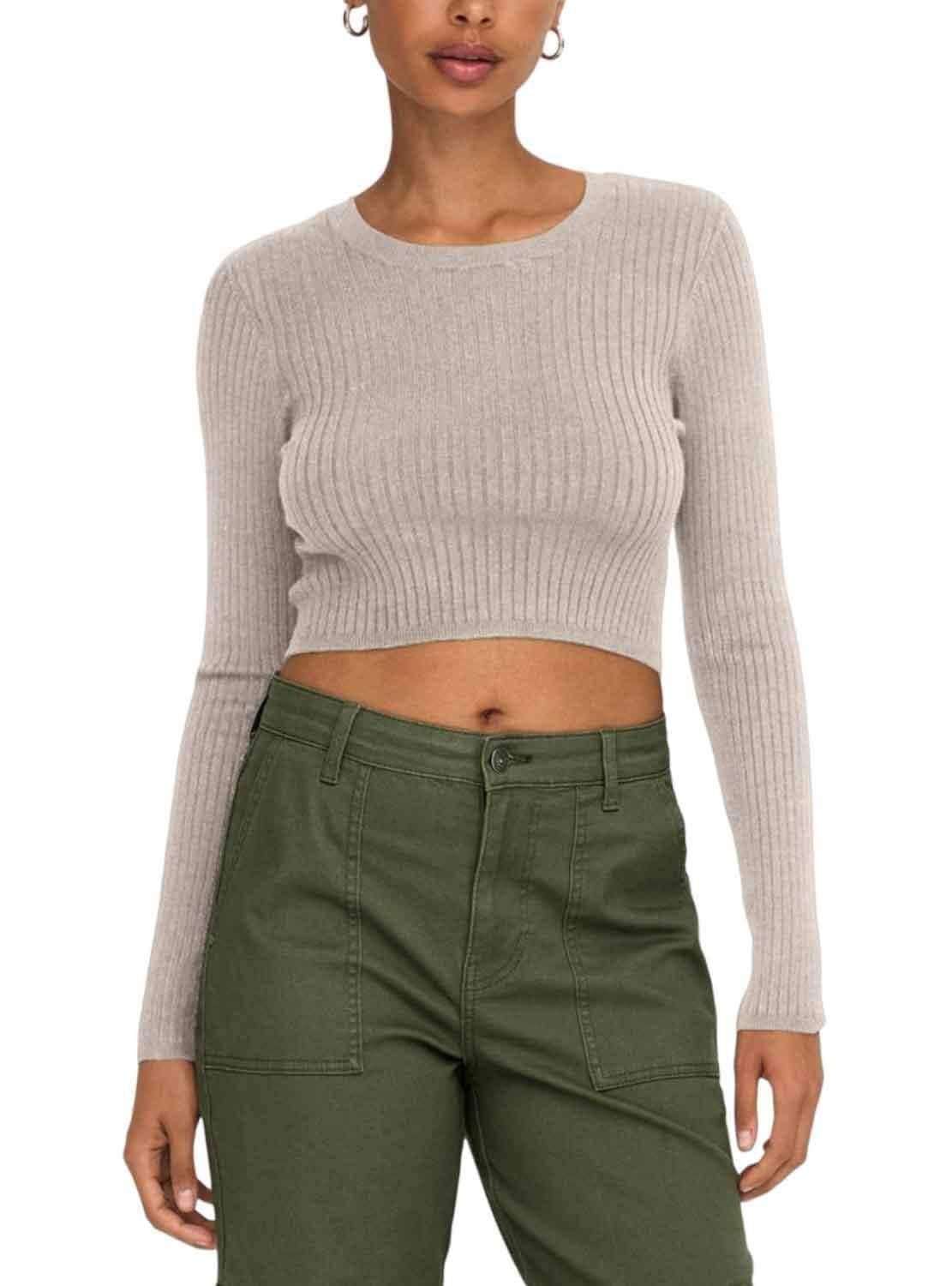 ONLY Women's Onlkarol LS Crop O-Neck KNT Noos Sweater, Pumice Stone, L