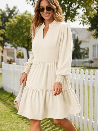Image of Imily Bela Womens Fall Long Sleeve Tunic Dress Casual V Neck Tiered Dress | Loose,Swing,A-Line,Ruffled Collar,Puff Balloon Sleeve,Smocked Elastic Cuffs,Tiered Layered Ruffle Hem,Babydoll,Loose,Mini