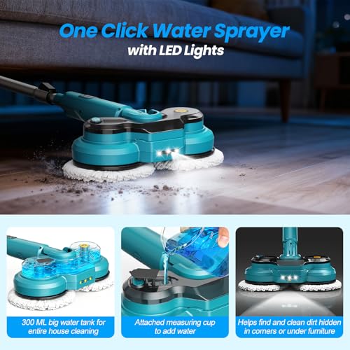 Mopa Eléctrica Inalámbrica con 2 Baterías de 2000 mAh, Mopa Electrica para Suelos con Rociador de Agua/Luz Frontal LED/Pantalla Inteligente,Pulidora de Suelos con Depósito de 300ML para Múltiples - imagen 5