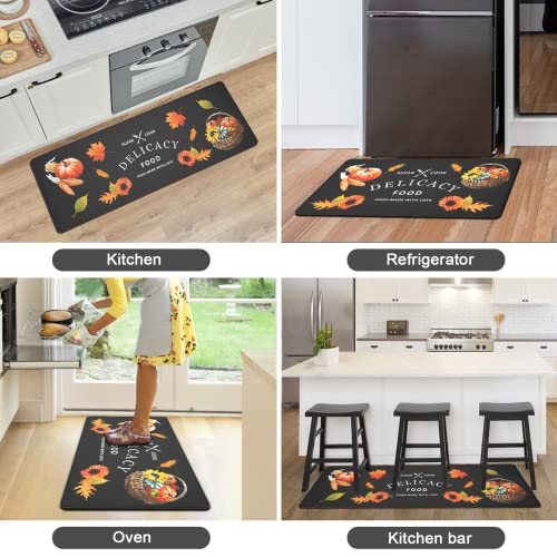 Artnice Kitchen Mat 2 Piece, Thanksgiving Day's Pumpkins Decorative Kitchen Mats Set, Pvc Waterproof Anti Fatigue Kitchen Rug, Cushioned Kitchen Floor Mats For Home Office Sink Laundry, Black #TOP5