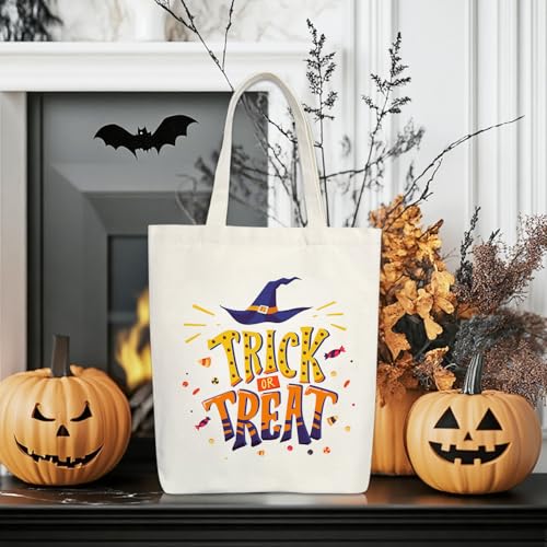 Halloween Tote Bag for Trick or Treat, Trick or Treat Tote Bag, Ghost Design for Halloween Party Supplies, Witch Hat Canvas Reusable Large Totes for Teens - A05 - image 3