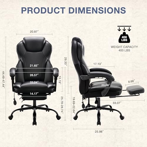 Big and Tall Office Chair 400lbs, Executive Office Chair, Reclining Office Chair with Footrest, High Back Leather Home Office Chair with Thick Padded Armrests, Ergonomic Adjustable Lumbar for Support