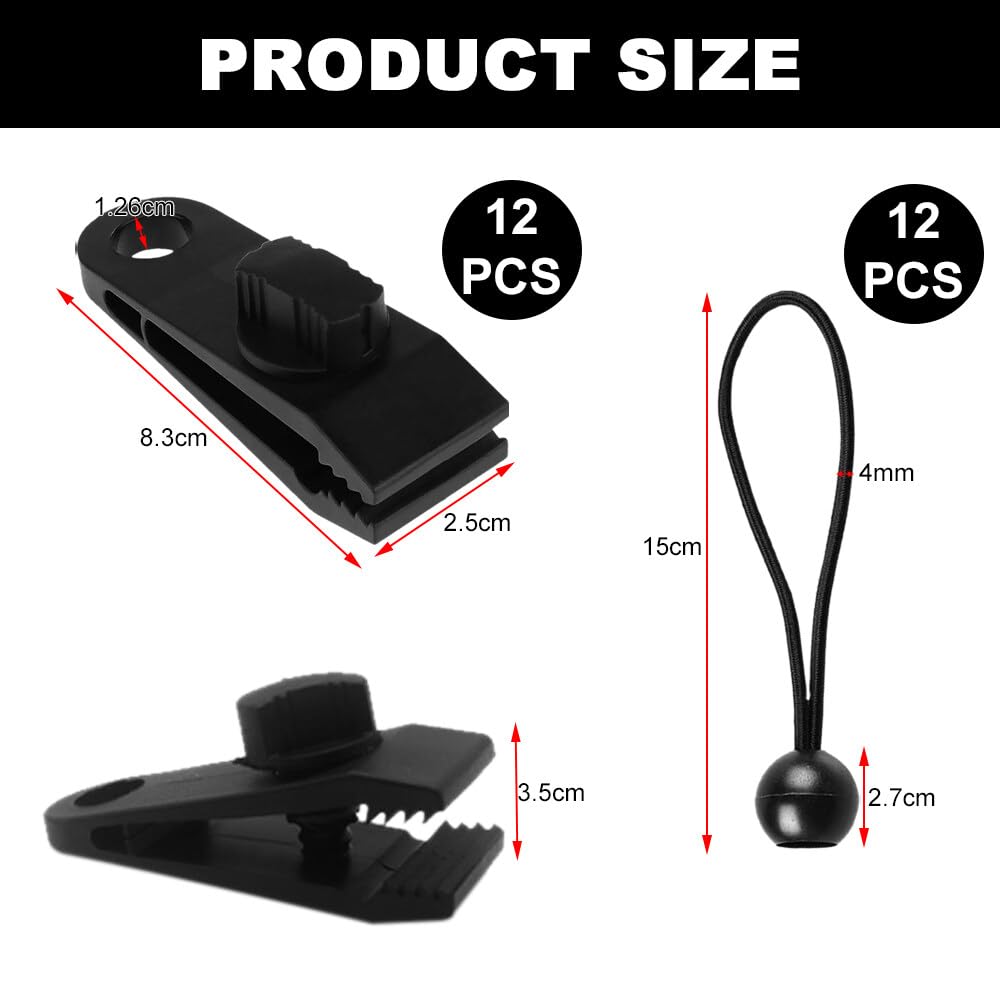 Planenclips, Planenspanner, 12 Stück Einstellbare Zelt Tarps Clip, 12 Stück Bungee Ball Schnüre, Wiederverwendbare Tarp Klammern mit 1 Aufbewahrungstasche (Schwarz), AM02874411SU