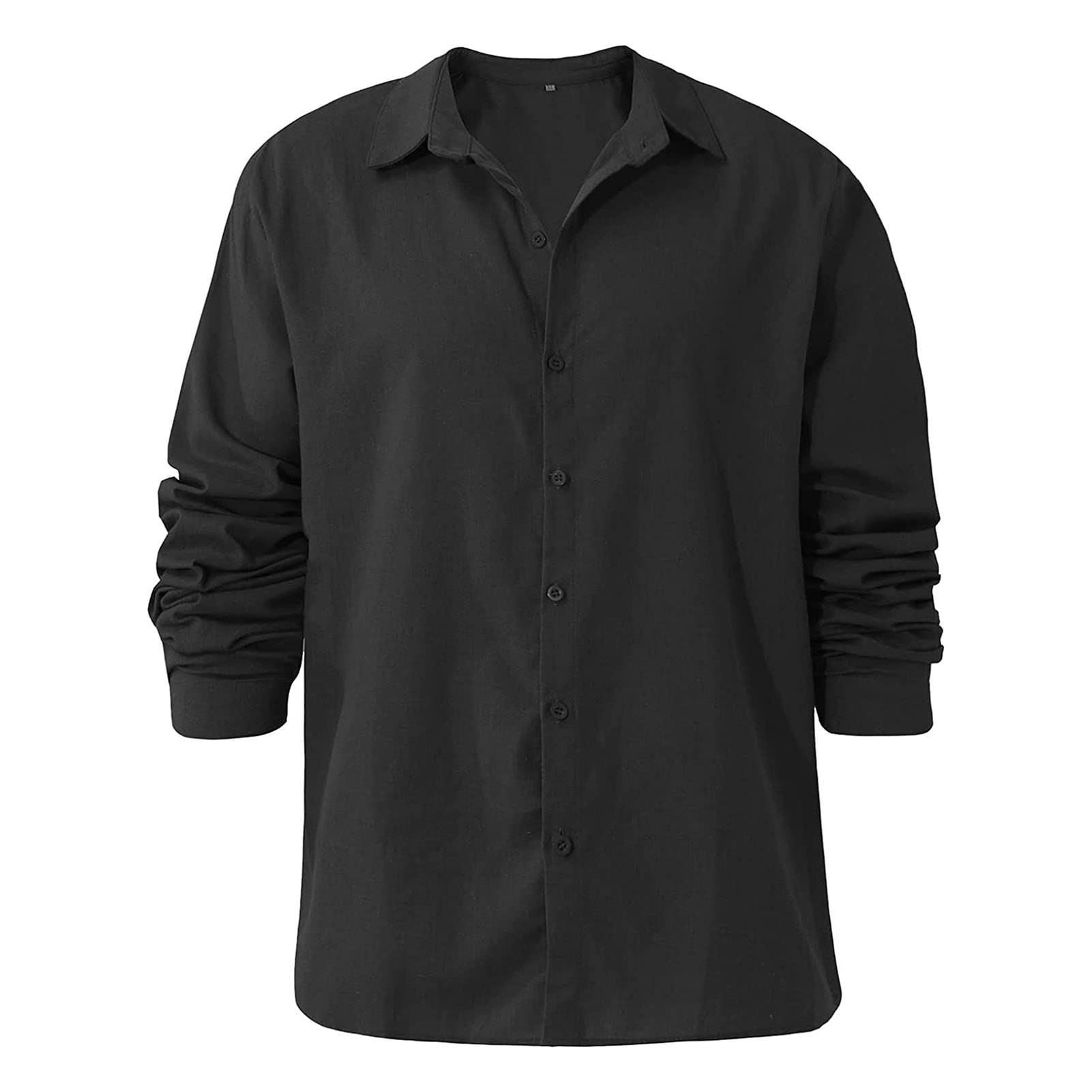 Men's Linen Button Down Shirts Casual Long Sleeve Summer Beach Shirt Tops Lightweight Solid Color Loose Fit Shirt (Black,Medium)