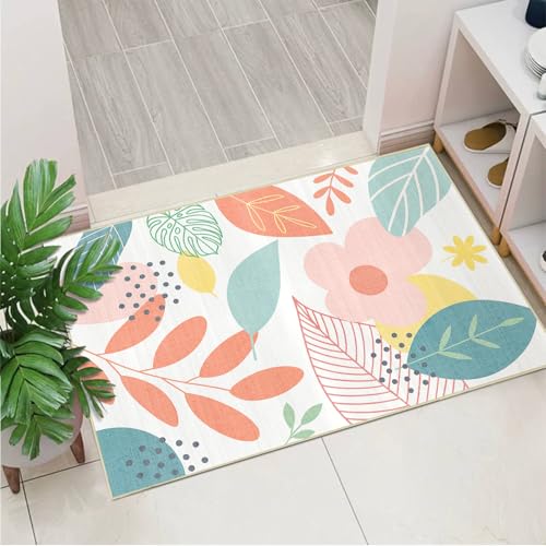 Botanical Boho 2x3 Area Rug for Entryway Minimalist Scandinavian Machine Washable Door Mat Modern Floral Botanical Leaf Rugs Non-Slip Printed Low-Pile Floor Carpet for Kitchen Bathroom Laundry