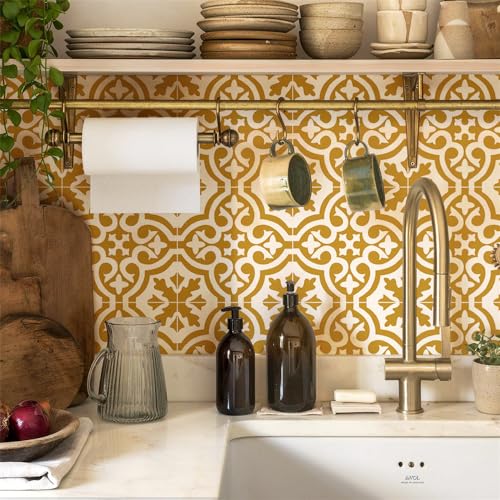 LMYSXAOZ Exquisitas Pegatinas para Azulejos, Color Blanco y Amarillo Mostaza - Adhesivos de PVC para Paredes y Suelos, duraderos, Resistentes al Agua, Ideales para Cocina y baño. 20x20cm/10