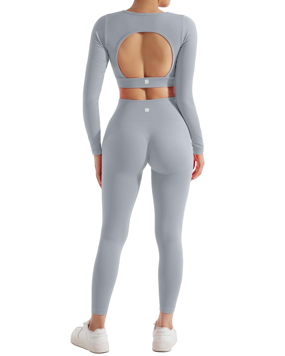 SUUKSESS 2 Piece Workout Sets for Women Long Sleeve Gym Sets Woman Butt Lifting Leggings Open Back Crop Tops: #2 Grey X-Small