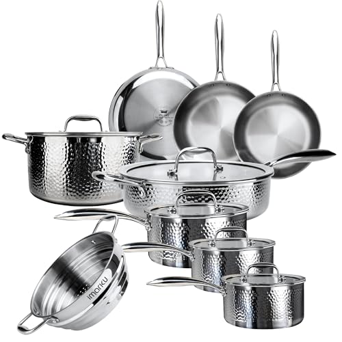 Image of imarku 14-Piece Tri-Ply Hammered Stainless Steel Cookware Set | Multifunctional 14pc Pots and Pans with Steamer | Non-Toxic No-Coating Nonstick | Induction & Oven-Safe up to 500F
