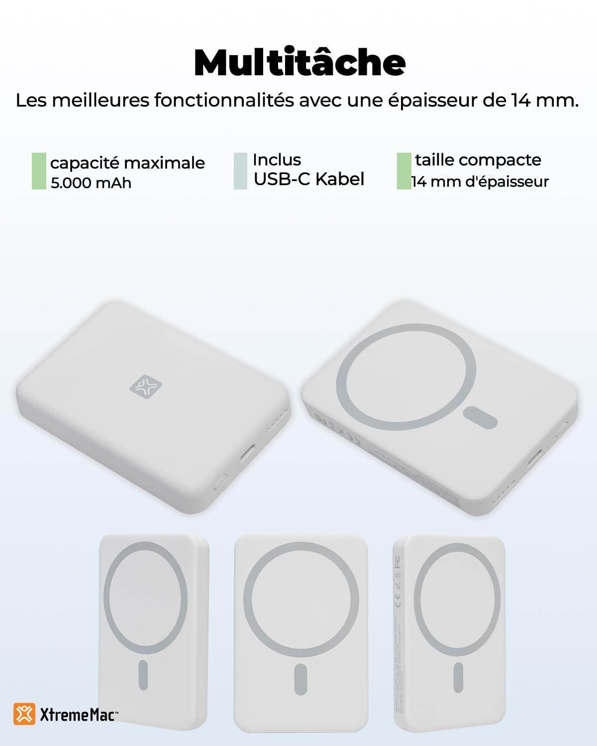 XtremeMac Magsafe Powerbank 5000mAh, Batterie Externe magnétique pour iPhone 15/14/13/12 Série, USB-C et Powerbank sans Fil à Charge Rapide, Mini Power Bank PD 15W, Puissante, Blanc