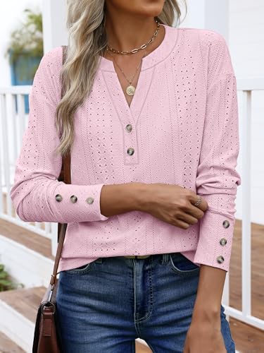 ANRABESS Womens Eyelet Tops Long Sleeve Henley Shirts Business Dressy Casual Blouse Vacation T-Shirt 2025 Fall Outfits