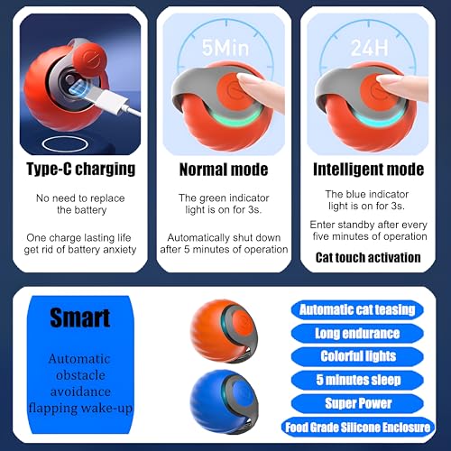 Hsyok 2025 Interactive Cat Toys Ball, Automatic Rolling Adult Cat Toy, Smart Moving Dog Toys for Bored Indoor Outdoor - Motion Activated Cat Toy Power Ball 2.0 Cat Toy (Blue)