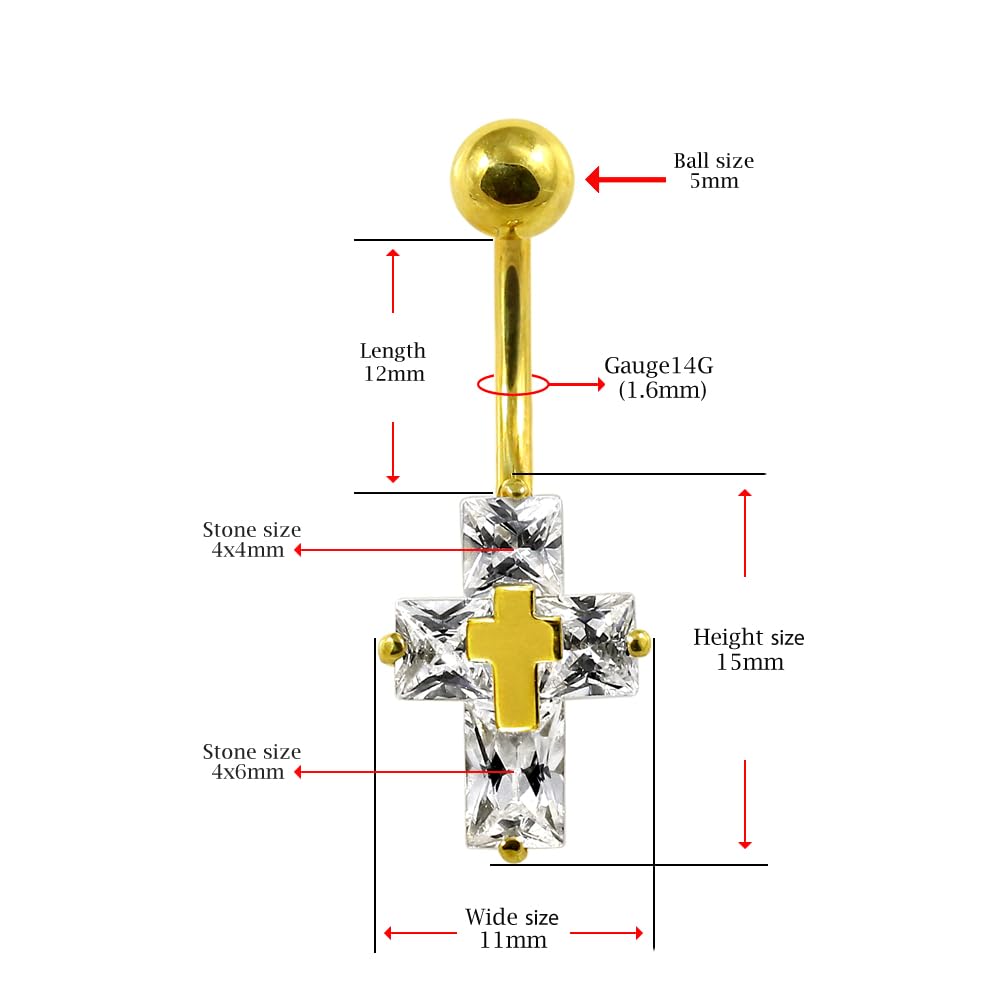 Piercing para ombligo de oro amarillo macizo de 14 quilates con piedra de circonita cúbica - Joyería de ombligo de 14 quilates - Piercing para el ombligo calibre 14, 14 Gauge - 12mm