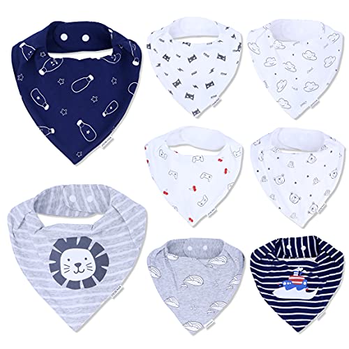 DOKMA 8-Pack Organic Cotton Baby Bandana Drool Bibs for Boys - Teething Bibs for Infant, Toddler, Soft Cotton, Super Absorbent, No Scratch- White, Grey, Blue, Green