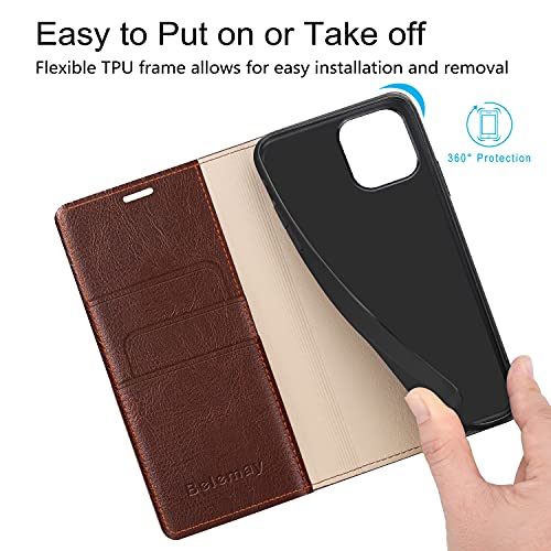 Belemay Compatible With Iphone 13 Pro Wallet Case, Protective Genuine Leather Flip With Rfid Blocking Card Holders [Undetachable Soft Interior Shell] Folio Cover For Men Women (6.1-Inch 2021) Brown #TOP4