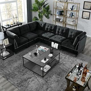STARTOGOO Living Room Furniture Set, L Shape Sectional Sofa with 3 Single Chair, DIY Combination Couch w/ 3 Corner，Black V...