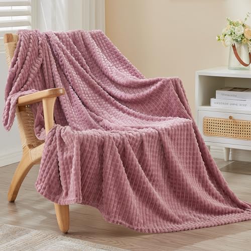 Image of EMME Fleece Throw Blanket Luxury Flannel for Couch Bed Sofa Chair, Soft, Plush, Warm and Cozy Blanket with Geometric Grid Design (Purple, 50'' x 60'')