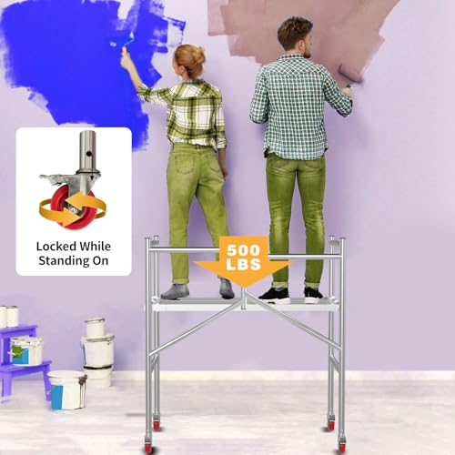 Image of Scaffolding Work Platform, Rolling Scaffolding with Wheels, Scaffold for Building Construction, Interior Painting, Home Improvement（47.2 inch Height, 500LBS Capacity, Silver)