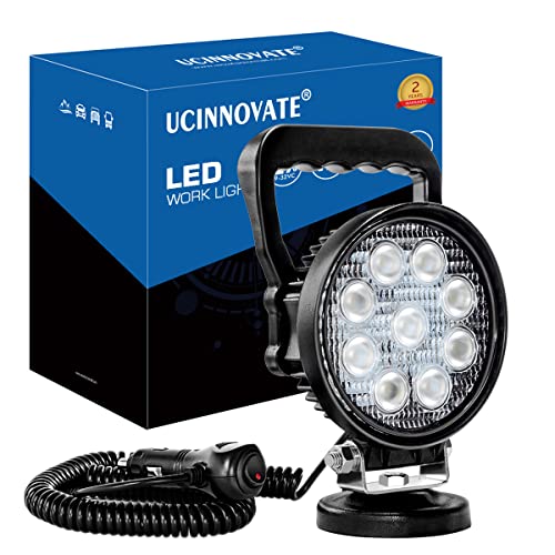 UCINNOVATE 12V 24V 27W Round Magnetic Base LED Work Light Floodlight Offroad Driving Work Lamp Bar Flood Beam Fog Light for Car Truck Boat 4X4 IP67 Camping Light Lamp