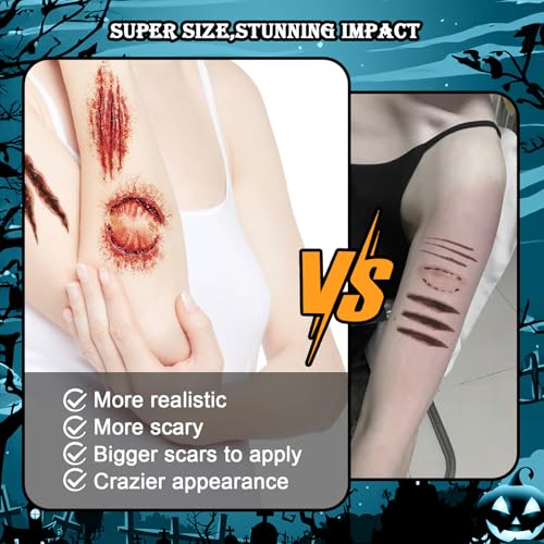 AUXHCYL Halloween Tattoos(6 Sheets),Scar Tattoos,Zombie Makeup Halloween Face Stickers,Fake Scab Blood Special Fx Costume Make up Props(Large) - Image 3