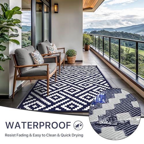 Image of GENIMO Outdoor Rug, Waterproof Plastic Rugs for Patio, 6'x9' Blue White