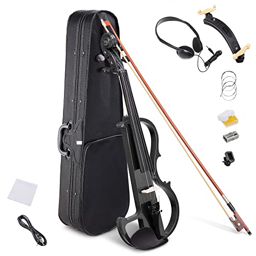 AW 4/4 Electric Violin Full Size Wood Silent Fiddle Musical Instrument Fittings Headphone Beginner Black