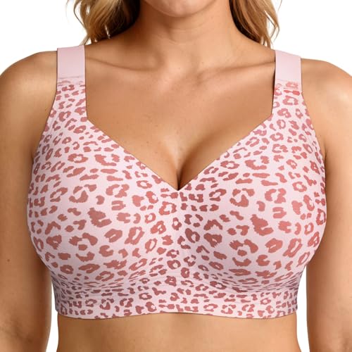 LetsJoli Jelly Bras for Women Push Up Bra Wireless No Underwire Supportive Full Coverage Plus Size for Older Women(Leopard Pink,L)