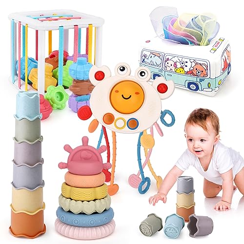 Image of Montessori Baby Toys 5 in 1 Set for 6-12 Months Including Shape Sorter Toys, Pull String Toy in Crab Shape, Baby Stacking Cups, Tissue Box Toys and Stacking& Nesting Baby Toys, Infant Sensory Toys