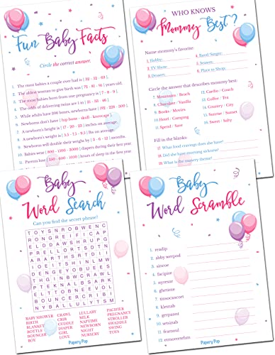 Papery Pop Gender Reveal Games - Set of 4 Games for 30 Guests - Double Sided Cards - Baby Shower Games for Boy or Girl - Gender Neutral