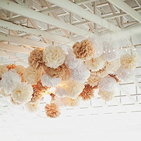 10PCS Mixed Cream Tan Brown White Party Tissue Paper Pom Poms Rustic Wedding Vintage Baby Shower Birthday Nursery Hanging Decoration Cover