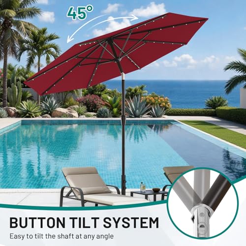 Image of AreShark 9FT Patio Umbrella with Solar Lights, 32 Lighted Pool Umbrella w /Tilt and Crank, Outdoor Market Solar Umbrellas for Garden, Deck, Backyard, Pool and Beach, Dark Red