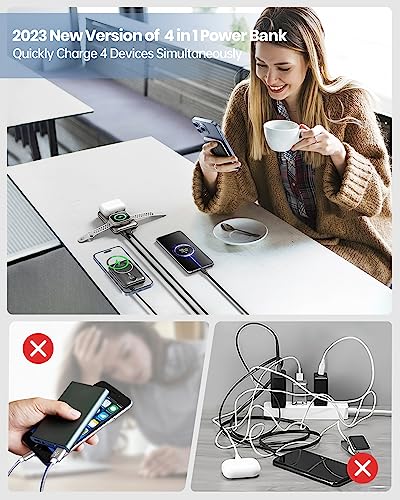 Coolreall【4 In 1 Magnetic Wireless Power Bank, Slim 10000Mah Portable Charger With Phone Holder, 15W Type-C Fast Charger Mag-Safe Battery Pack Compatible With Iphone 14 13 12 Iwatch Series #TOP5