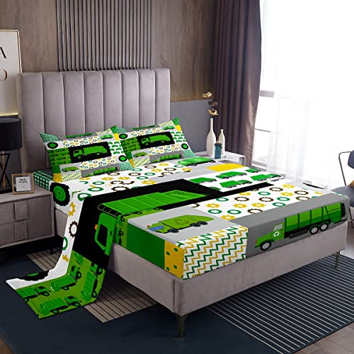 Green Garbage Truck Sheets with Deep Pocket Fitted Sheet Powered Waste Management Recycling Trucks Sheet Set Cartoon Garbage Truck Bed Sheets Set for Kids Boys Girls Car Bedding Set Full Siz