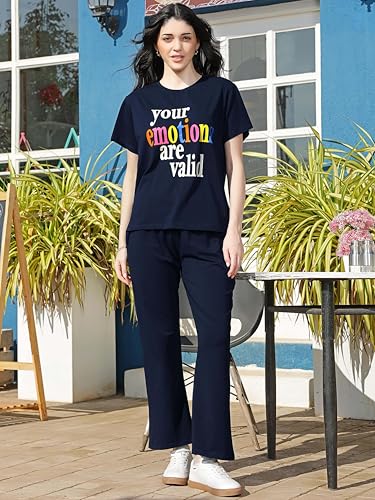 Image of ZEYO Night Suit for Women's Typography Printed Cotton Night Dress of Top and Wide Bottom Pyjama