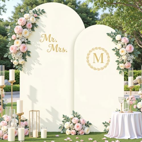 Image of Ivory Photo Arch Backdrop Cover Set of 2-7.2 and 6ft Ivory Arch Covers Stretchy Backdrop Spandex Wedding Balloon Arch Stand Covers for Birthday Party Baby Shower Bridal Shower Arches Background