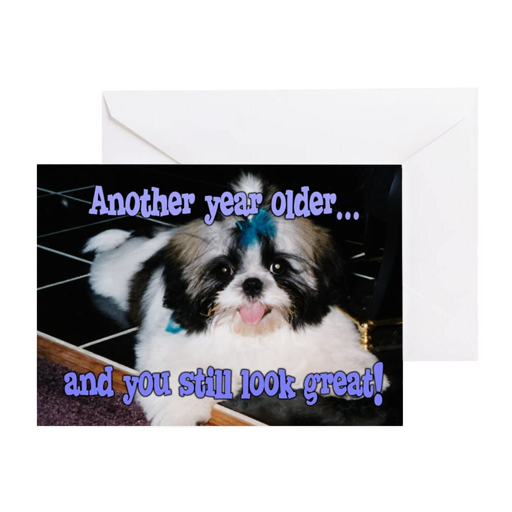 CafePress Birthday Shih Tzu Puppy Blue Bow Greeting Card, Note Card, Birthday Card, Blank Inside Matte Glossy