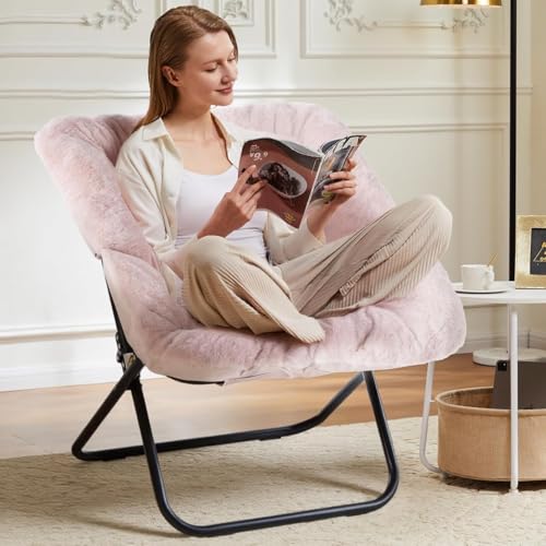 Image of Simple Deluxe Oversized Square Moon Chair for Adults, Soft Faux Fur Folding Lounge Chair with Sturdy Steel Frame, Comfortable Reading Gaming Chair for Living Room, Bedroom, Pink
