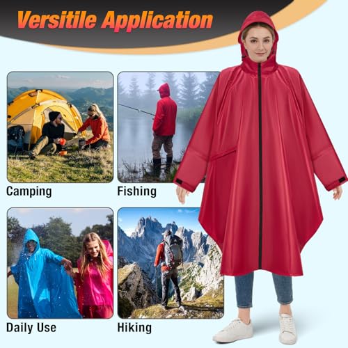 BTNEEU Regenponcho Damen Regencape Wasserdicht mit Reißverschluss Rain Poncho Festival Wiederverwendbar Regenmantel mit Kapuze und Ärmeln Regenjacke Fahrrad Lang für Wandern Camping Draussen (Rot)