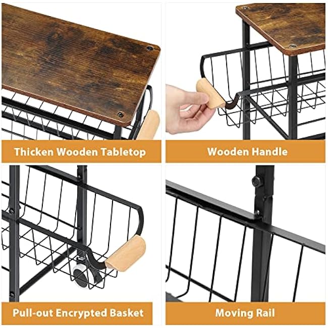 4-Tier Slim Storage Cart, Kitchen Rolling Utility Cart Bathroom Organizer Laundry Room Organization Mobile Shelving Unit with Slide-Out Metal Wire Baskets, Wooden Tabletop & Wheels for Narrow Space-gQJA0rcj
