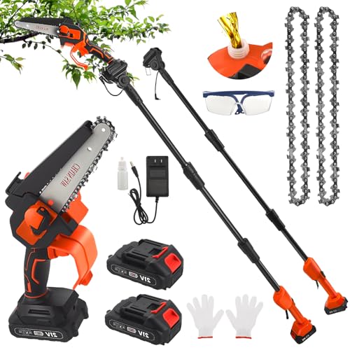 6 Pouces Elagueuse sur Perche sur Sans Fil 2 Batterie(21V/1.5Ah), 6 m/s mini tronçonneuse à batterie sur Protection Anti-éclaboussures de Sécurité, Graisseur Automatique Léger et Maniable
