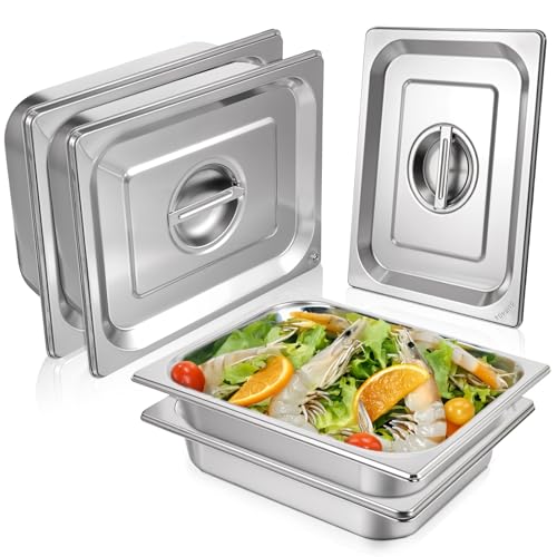 4 Pack Hotel Pans with Lids, 1/2 Size Anti-Jam Steam Pan, 2.5 Inch Deep Stainless Steel Steam Table Pans, Commercial Table Catering Storage Food Pan for Party, Hotel, Restaurant, Cafeterias, Buffet