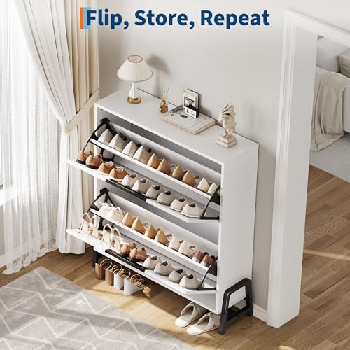 GarveeHome Shoe Storage Cabinet with 2 Flip Drawers, Freestanding Shoe Organizer with Metal Legs, Narrow Shoe Rack Cabinet for Entryway, Foyer, Hallway, Living Room, White