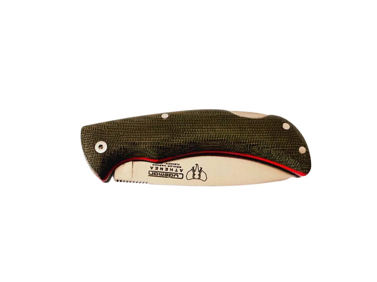 Cudeman Navaja Athenea 345-F con hoja de acero Böhler N690-Co de 8 cm y empuñadura de micarta canvas verde con separador rojo + portabotellas de regalo (Sin funda)
