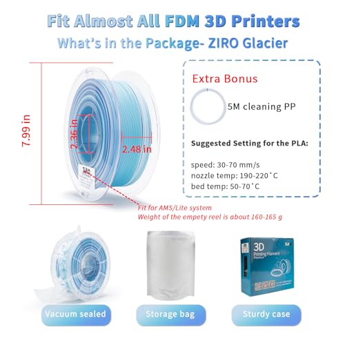 Image of ZIRO Color Change Filament, Matte Gradient Rainbow 3D Printer Filament, Fast Color Changing by Length PLA, Dimensional Accuracy + /-0.03mm, 1KG / 2.2lbs Spool, Fit Most FDM 3D Printer, Glacier
