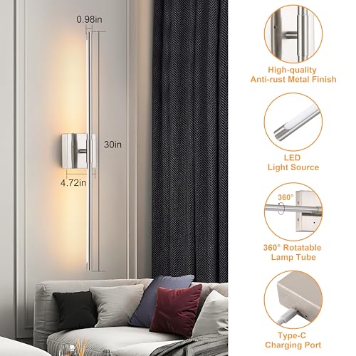 Image of Morauroral Battery Operated Wall Sconces Set of 2, Dimmable Battery Wall Sconce with Remote Control, Sand-Nickel LED Rechargeable Sconces, 30 Inch Modern Wireless Wall Lights for Bedroom, Living Room